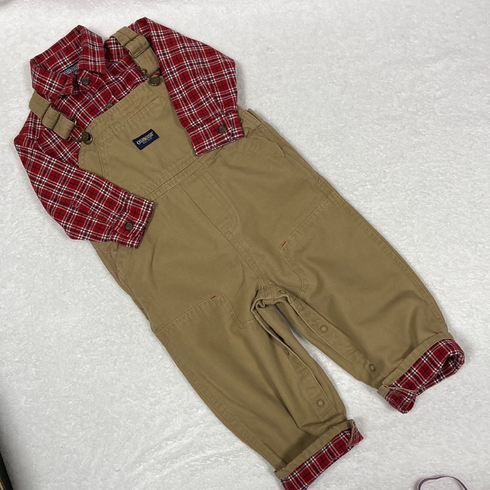 Oshkosh canvas bib overalls and brushed cotton red plaid button down 18m